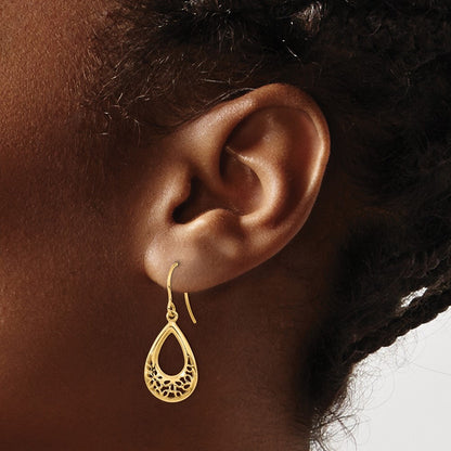 14k Yellow Gold Polished Floral Teardrop Drop Dangle Earrings w/ Shepherd Hook
