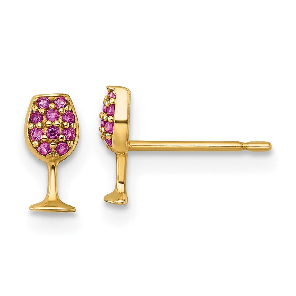 14k Yellow Gold Polished Created Ruby Wine Glass Stud Earrings Gift for Women