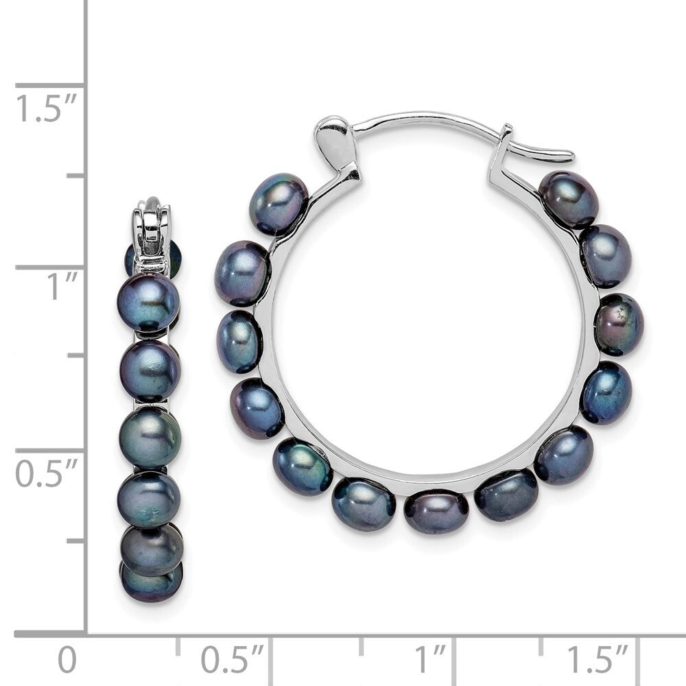 Sterling Silver 4-5mm Black Button Freshwater Cultured Pearl Hoop Earrings