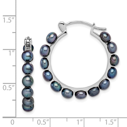 Sterling Silver 4-5mm Black Button Freshwater Cultured Pearl Hoop Earrings