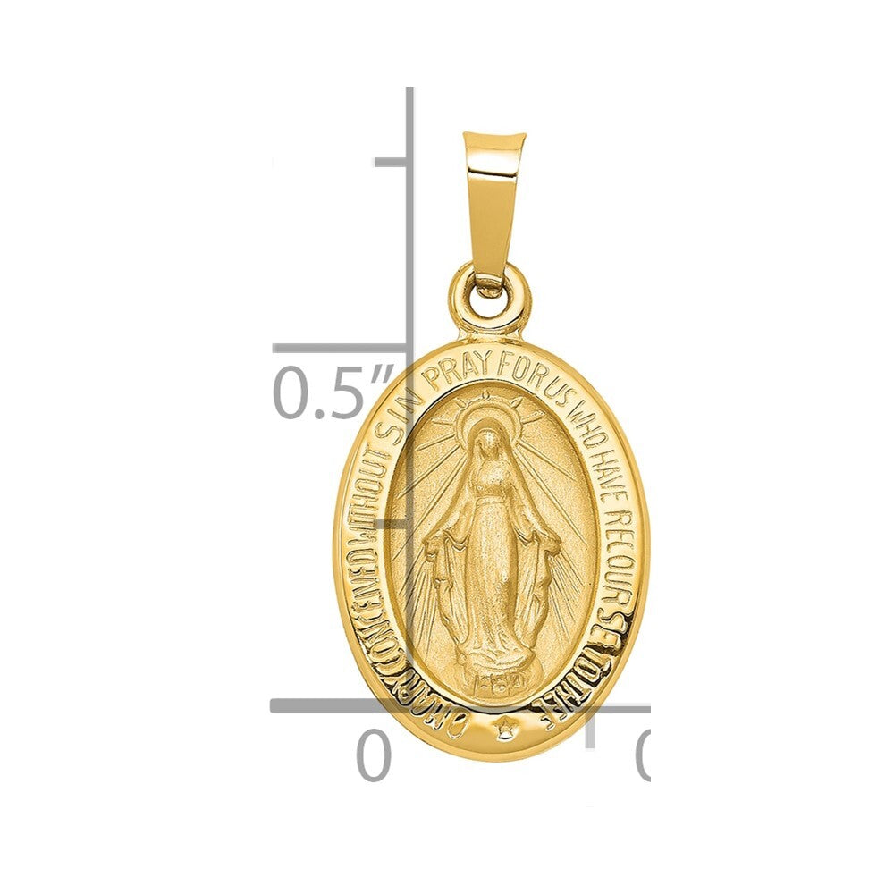 14k Yellow Gold Polished and Satin Miraculous Medal Hollow Pendant for Women