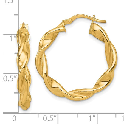 14k Yellow Gold Polished Twisted 4 x 27mm Tube Hoop Earrings