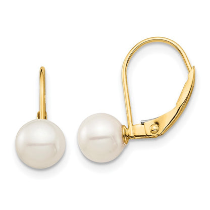 14k Yellow Gold 6-7mm White Round Freshwater Cultured Pearl Leverback Earrings