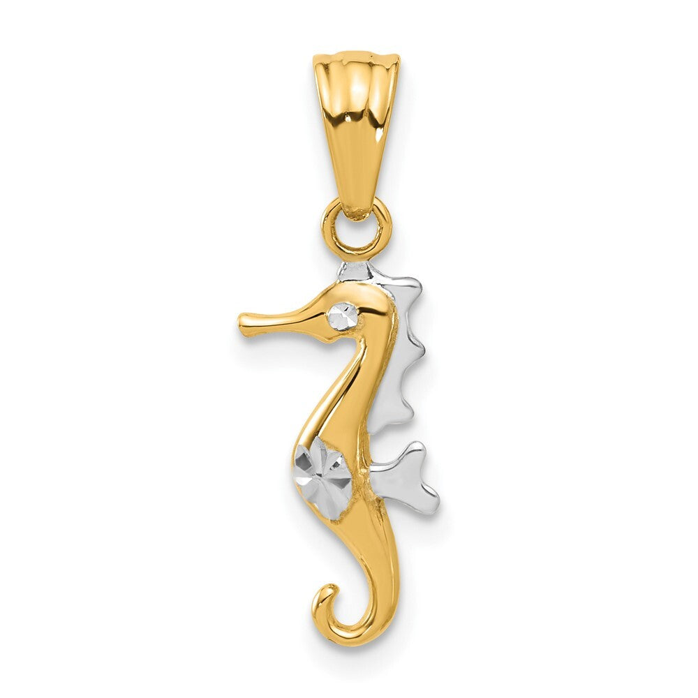 14k Yellow Gold with White Rhodium Polished and Diamond Cut Seahorse Pendant
