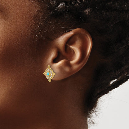14k Yellow Gold Turquoise and White Topaz Stud Earrings