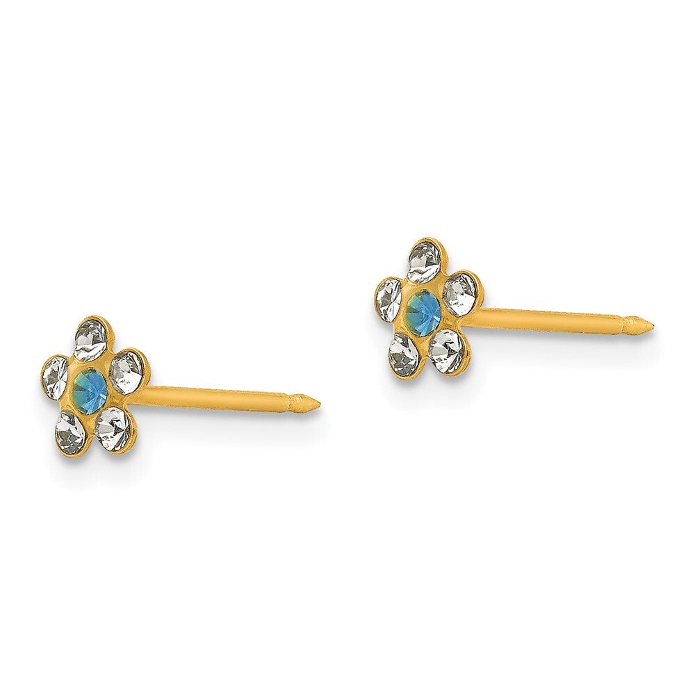 14k Yellow Gold Clear/Blue Crystal Flower Stud Earrings Gift for Women
