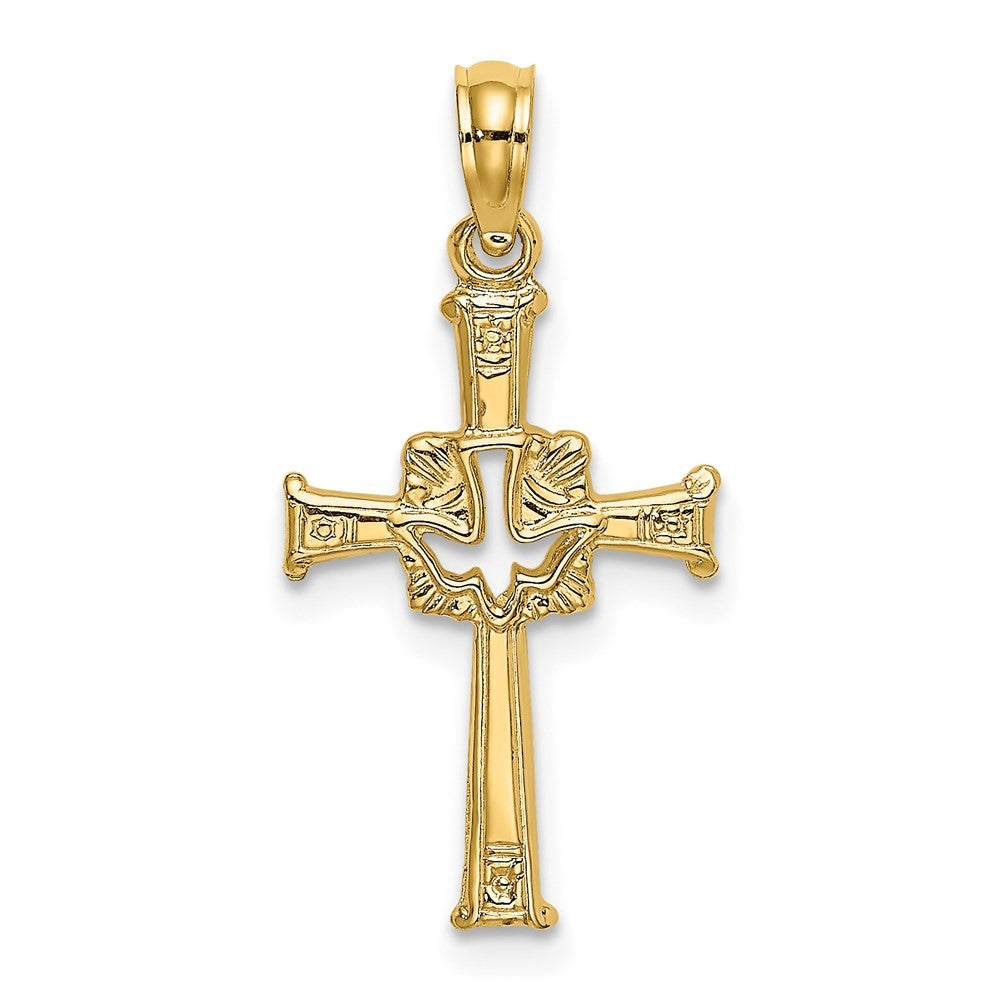 14k Yellow Gold Polished and Engraved Cross and Dove Charm