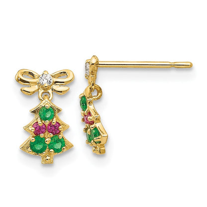 14k Yellow Gold Cubic Zirconia Children's Christmas Tree Dangle Earrings