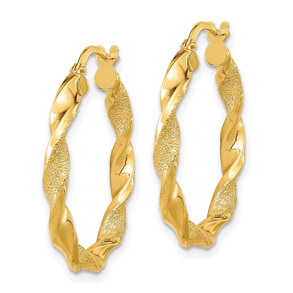 14k Yellow Gold Polished and Textured Twisted Hoop Earrings