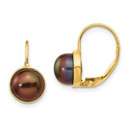 14k Yellow Gold 6-7mm Black Button Freshwater Cultured Pearl Leverback Earrings