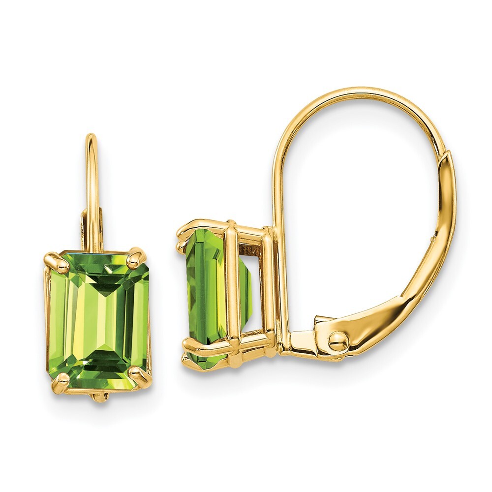 14k Yellow Gold 7x5mm Emerald Cut Peridot Leverback Earrings Gift for Women