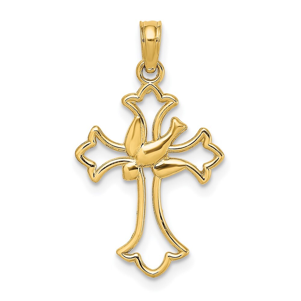 14k Yellow Gold Cut-Out Dove Center Cross Charm Pendant for Women