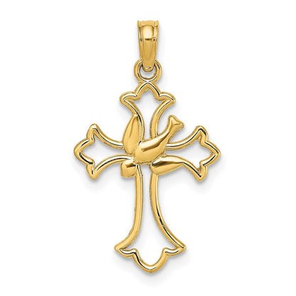 14k Yellow Gold Cut-Out Dove Center Cross Charm Pendant for Women
