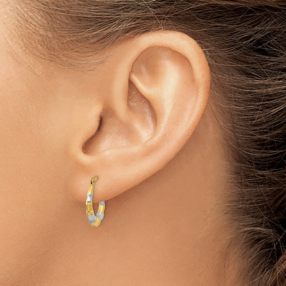 14k Yellow Gold & Rhodium Hollow Bamboo Hoop Earrings Gift for Women