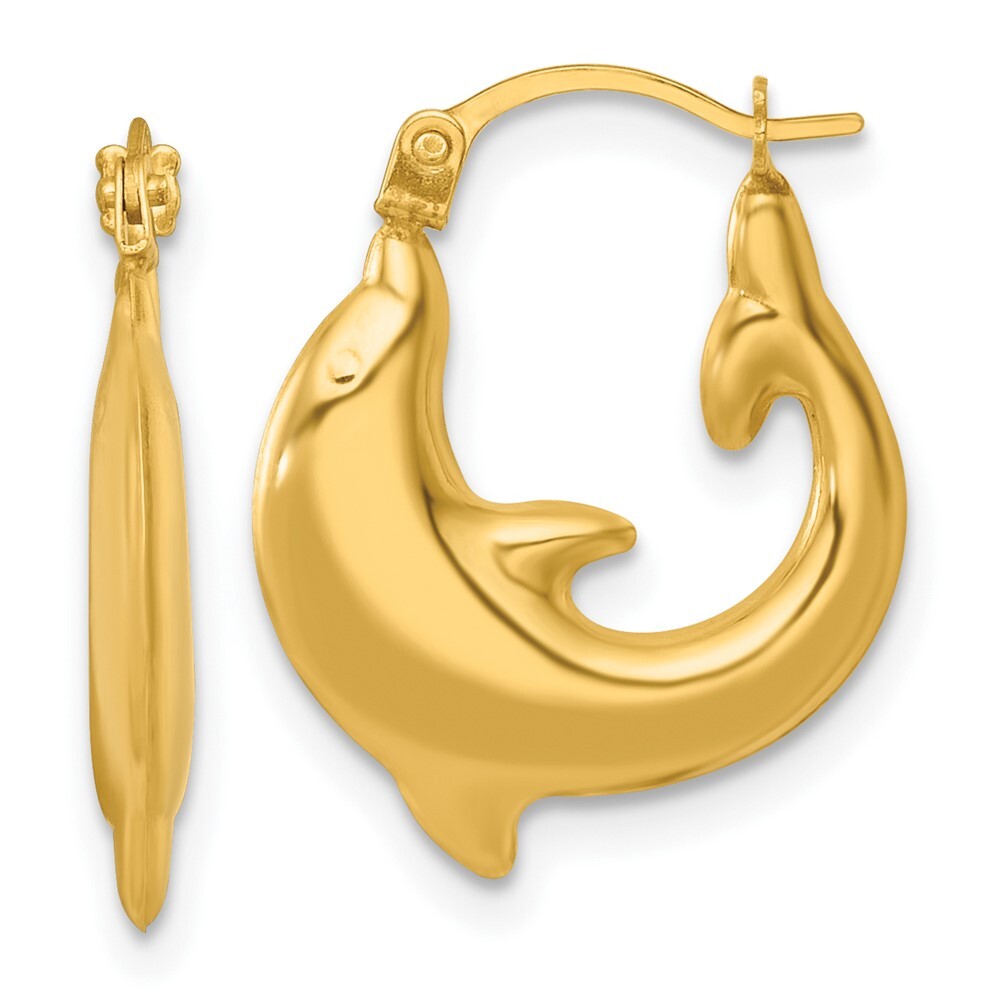 14k Yellow Gold Polished Dolphin Hoop Earrings Gift for Women
