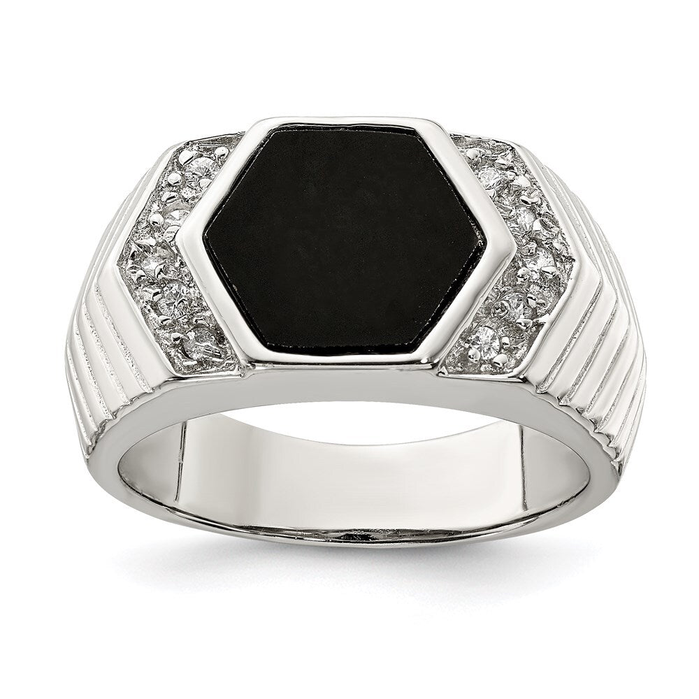 Sterling Silver Rhodium-plated Men's Cubic Zirconia and Onyx Ring Size 11