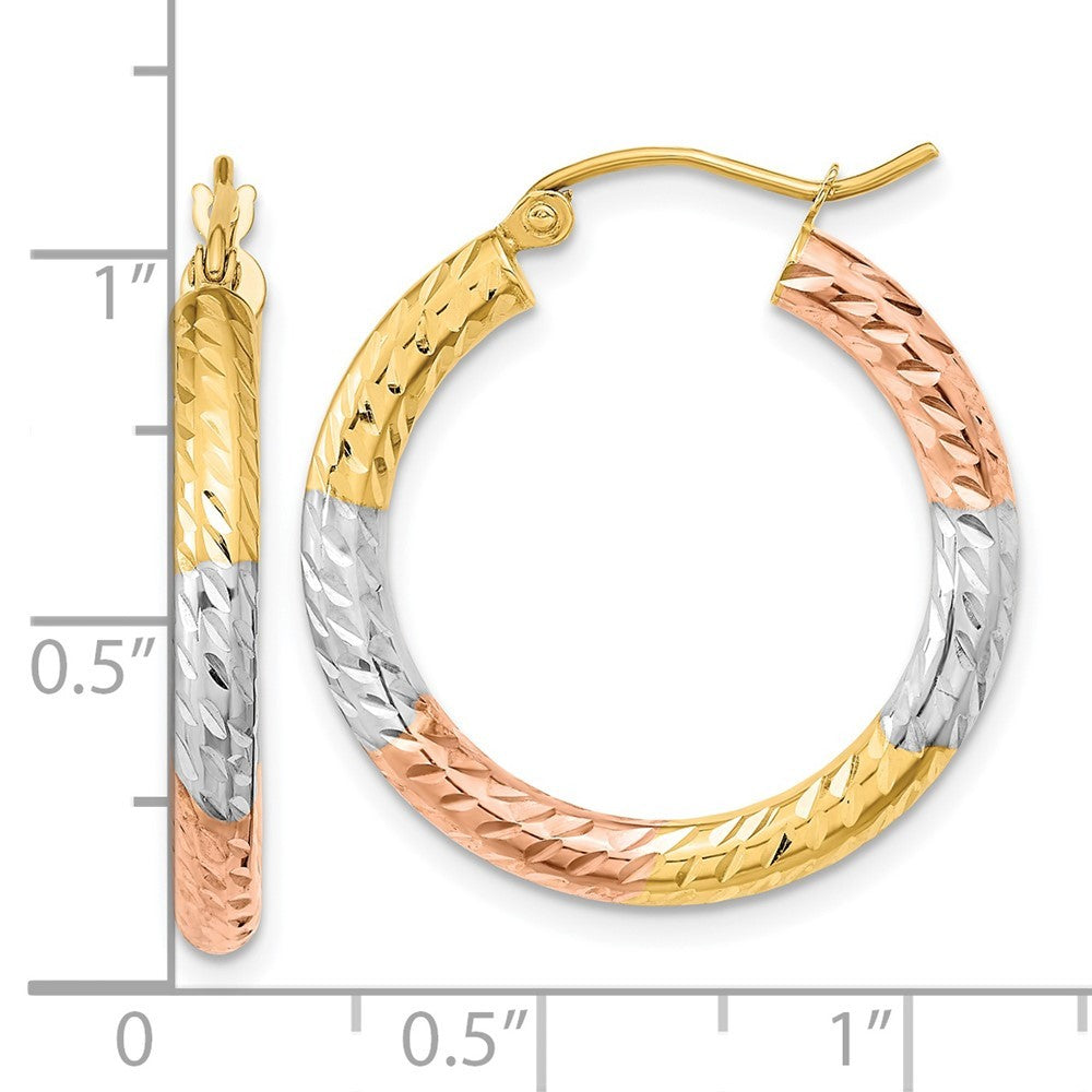 14k Yellow Gold w/White and Rose Rhodium Polished Diamond-cut Hoop Earrings