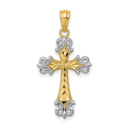 14k Yellow Gold and Rhodium Diamond-cut Cross Pendant