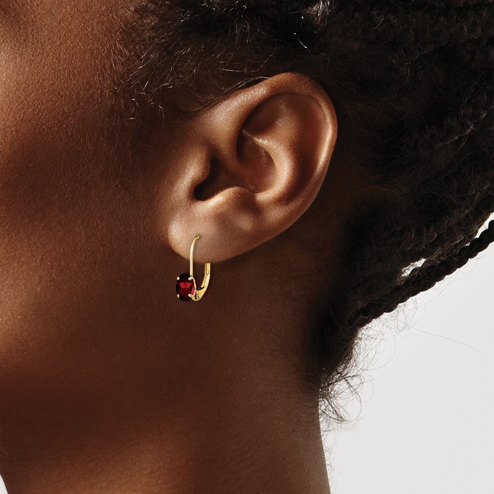 14k Yellow Gold 6x4mm Oval Garnet Dangle Earrings Leverback Gift for Women