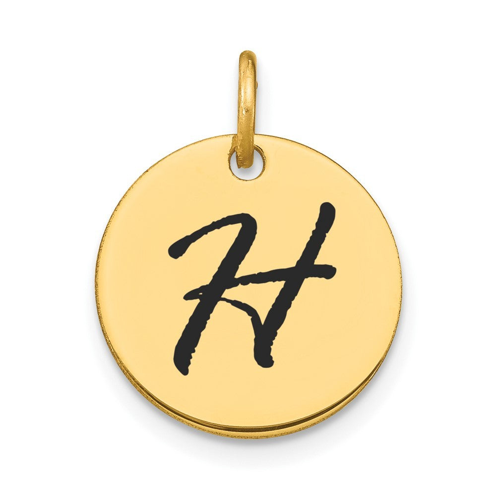 14k Yellow Gold Polished Black Enamel Letter H Initial Disk Charm Pendant