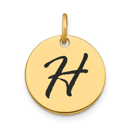 14k Yellow Gold Polished Black Enamel Letter H Initial Disk Charm Pendant
