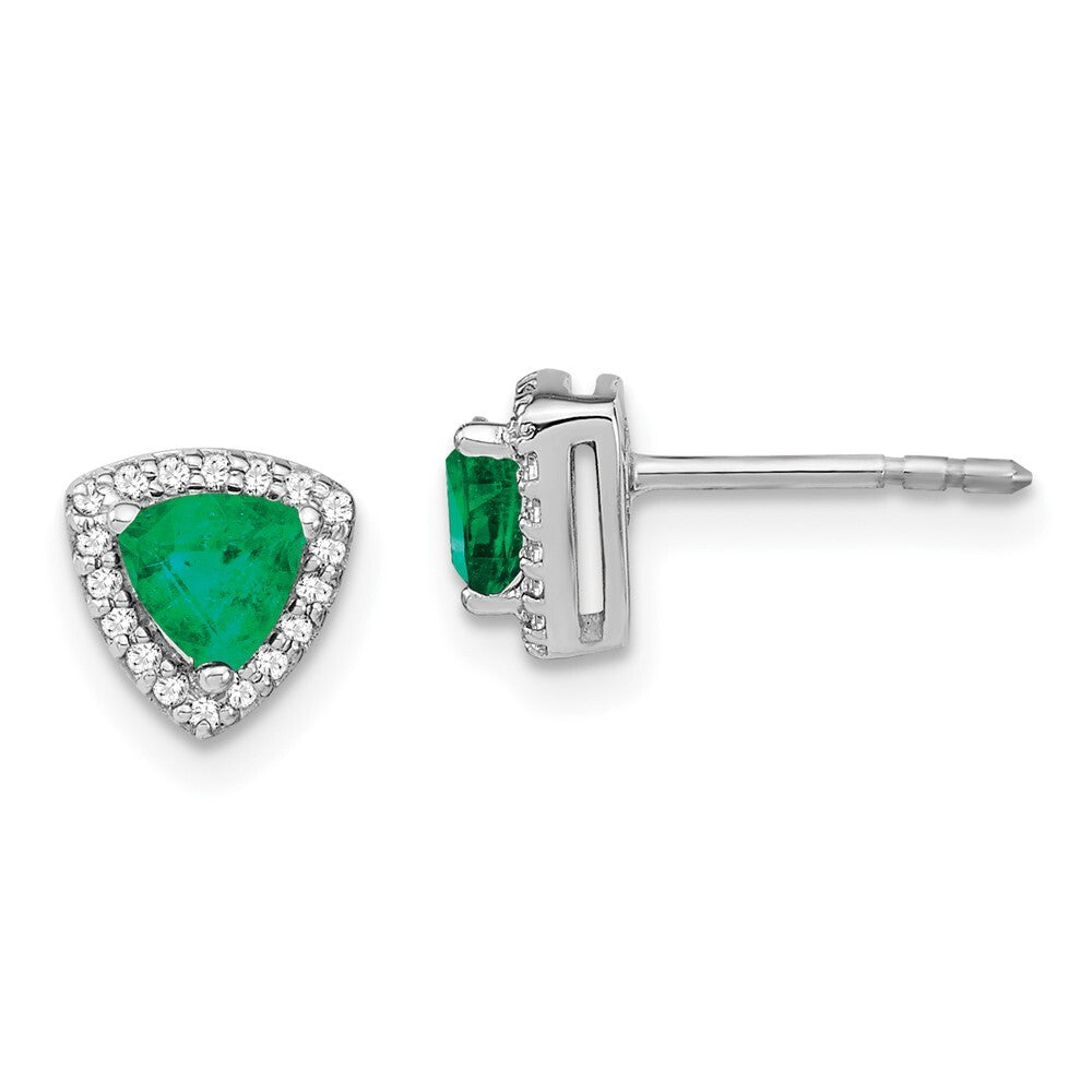 14k White Gold Trillion Emerald and Diamond Halo Stud Earrings