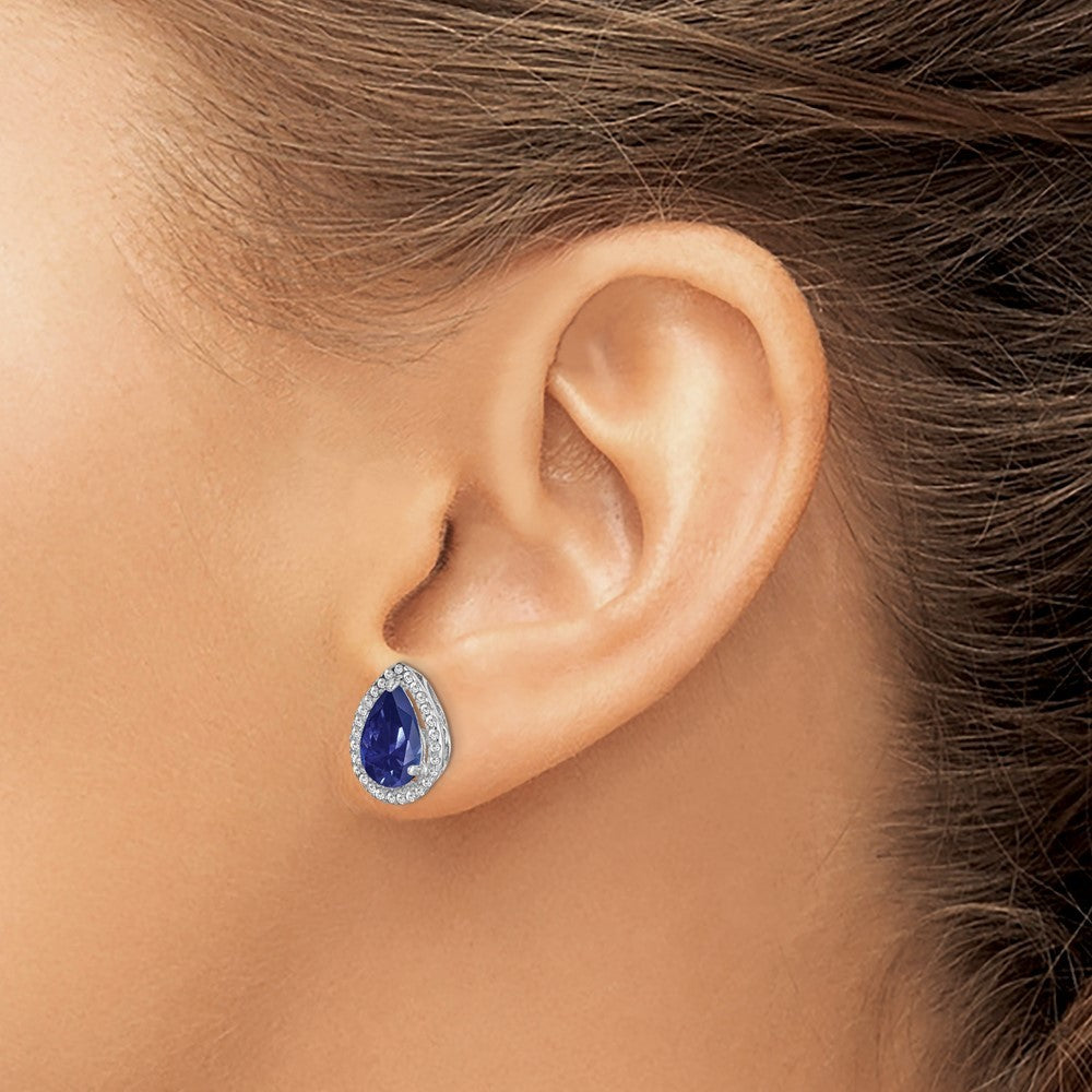Sterling Silver Rhodium Created Sapphire & CZ Earrings