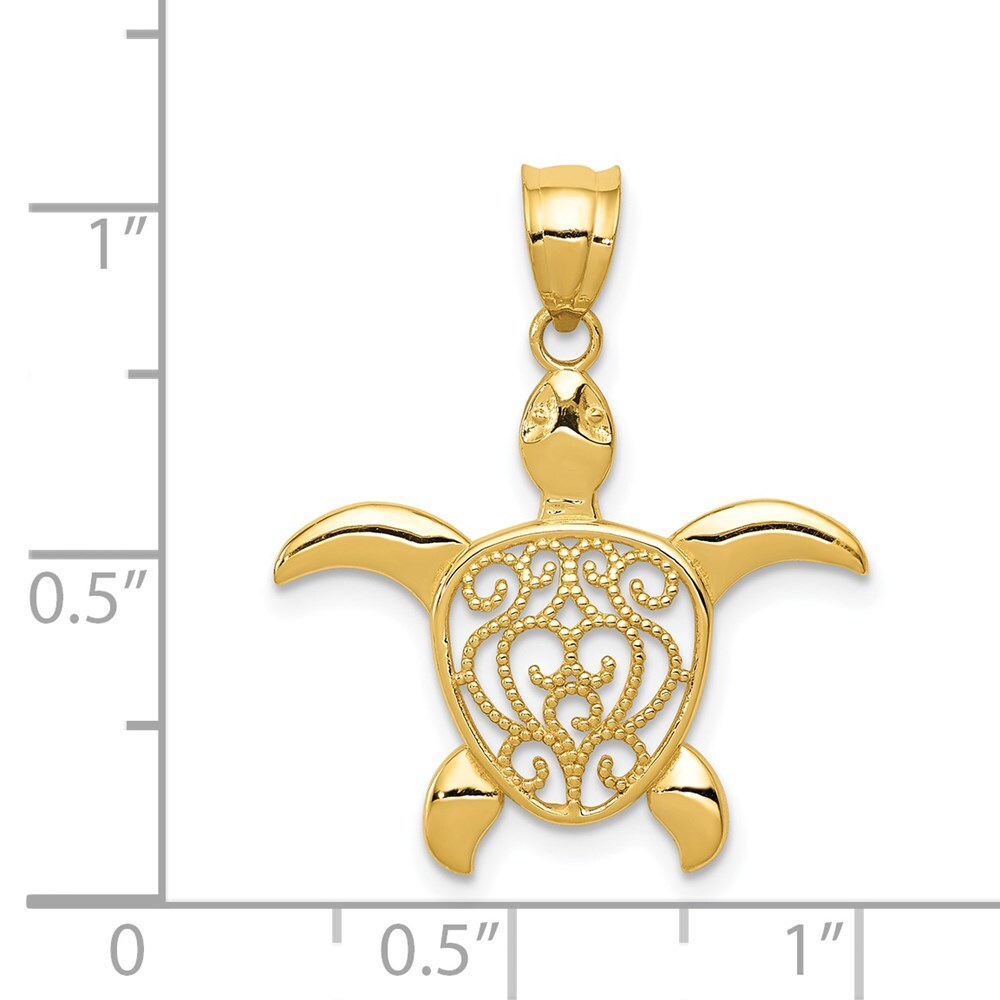 14k Yellow Gold Polished Filigree Sea Turtle Pendant for Women