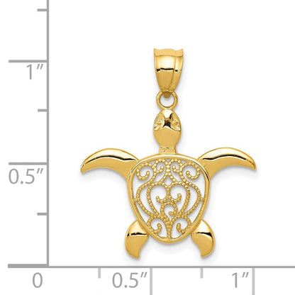 14k Yellow Gold Polished Filigree Sea Turtle Pendant for Women