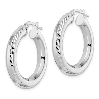 Sterling Silver Rhodium-plated 5x30mm Diamond-Cut Octagon Tube Hoop Earrings