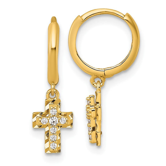14k Yellow Gold Polish D/C & Cubic Zirconia Dangle Cross Hinged Hoop Earrings