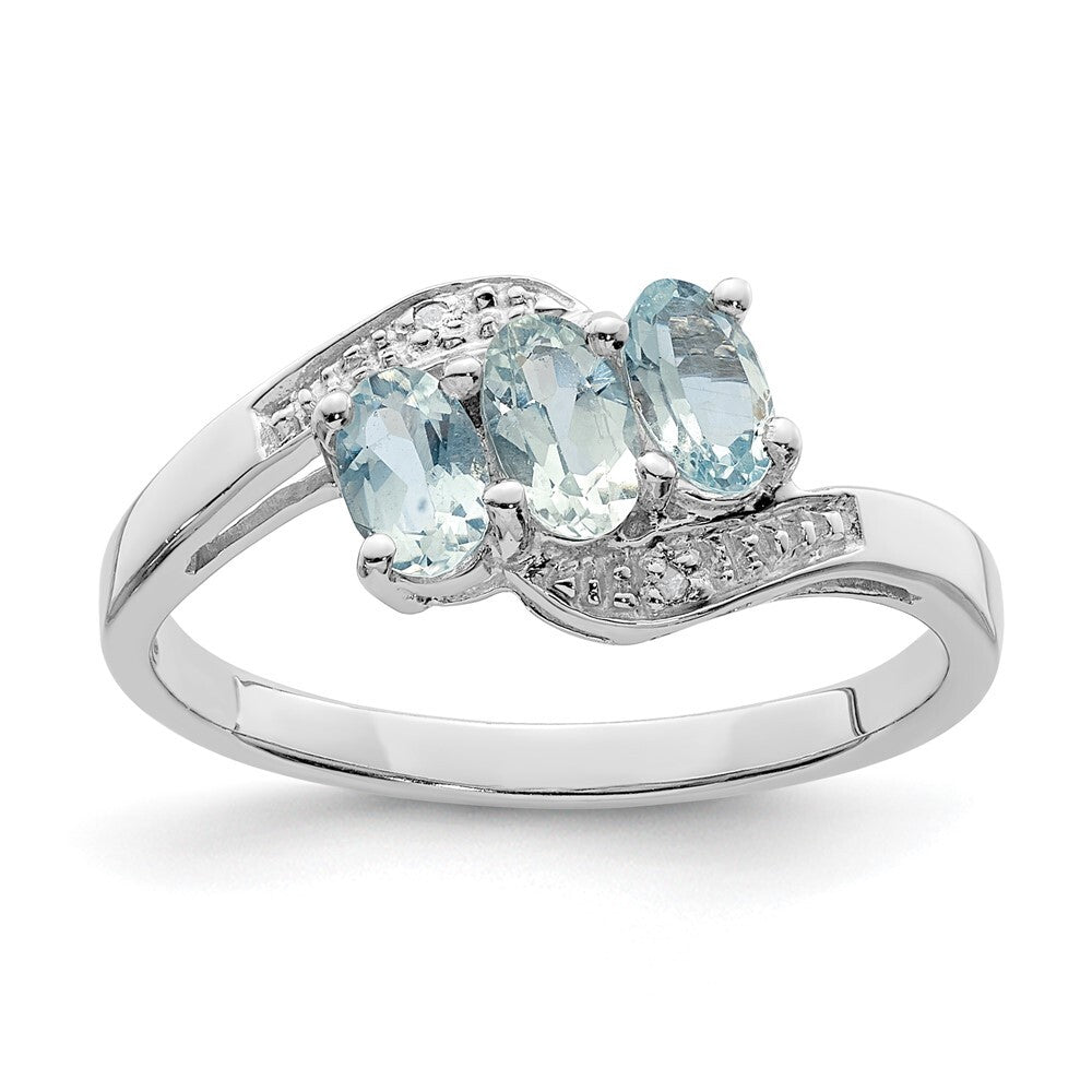Sterling Silver Rhodium Aquamarine & Diamond Ring Size 7