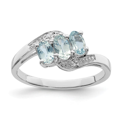 Sterling Silver Rhodium Aquamarine & Diamond Ring Size 7
