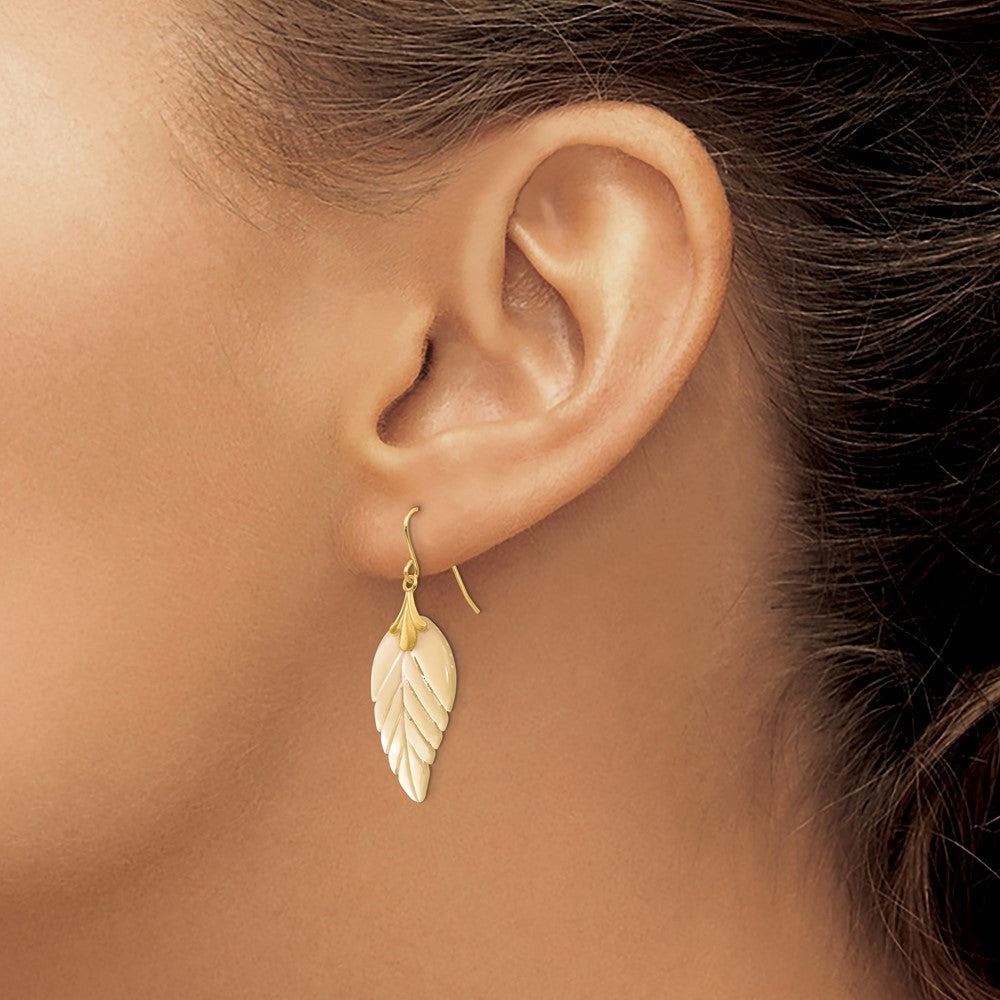 14k Yellow Gold Mother of Pearl Leaf Dangle Earrings