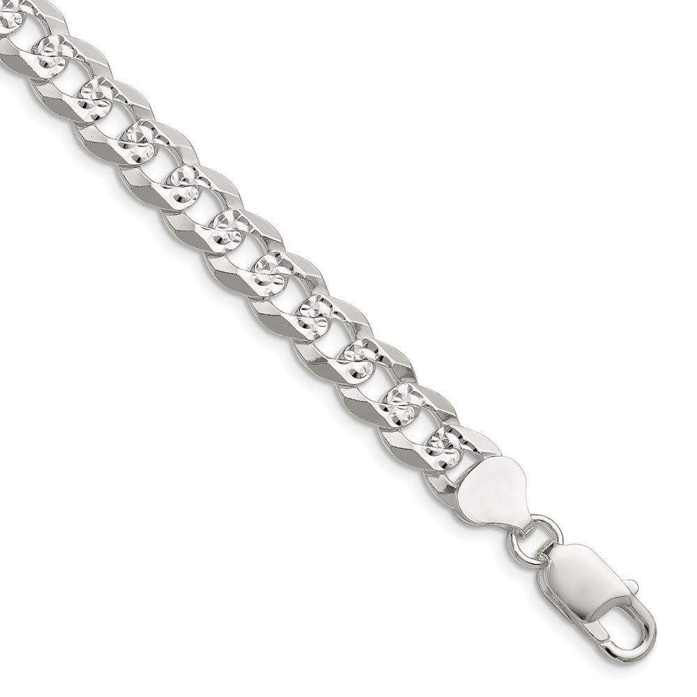 Sterling Silver 8.25mm Flat Diamond-Cut Pave Curb Chain