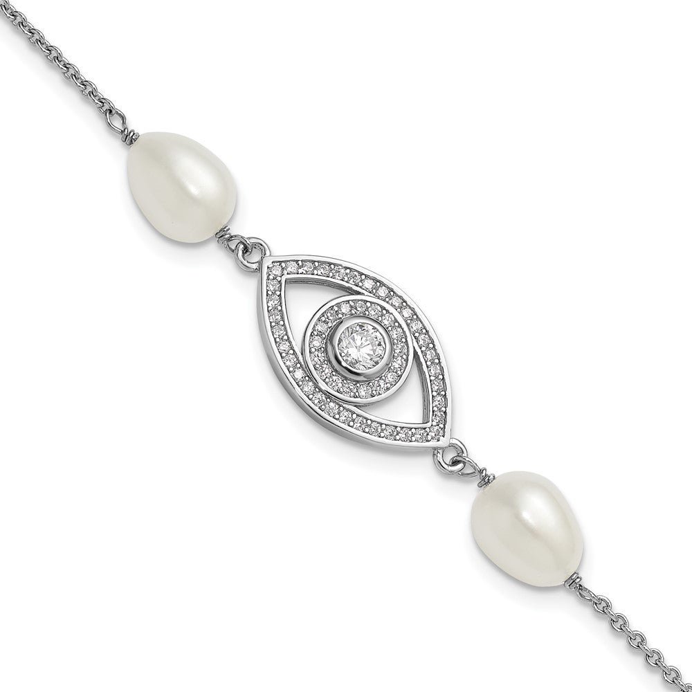 Sterling Silver 6mm Teardrop Cultured Pearl & CZ Evil Eye Bracelet 7" w/ 1" Ext