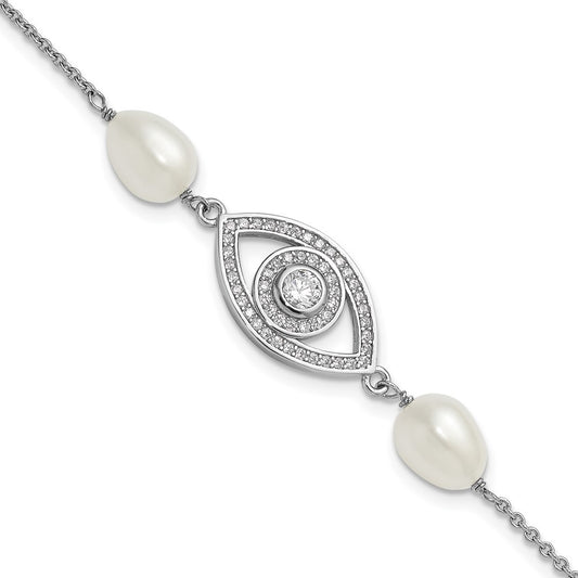 Sterling Silver 6mm Teardrop Cultured Pearl & CZ Evil Eye Bracelet 7" w/ 1" Ext