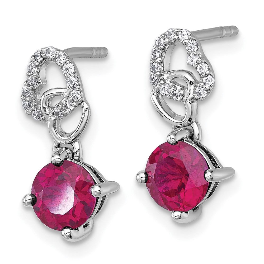 Sterling Silver Polished Round Lab Created Ruby and CZ Heart Dangle Earrings