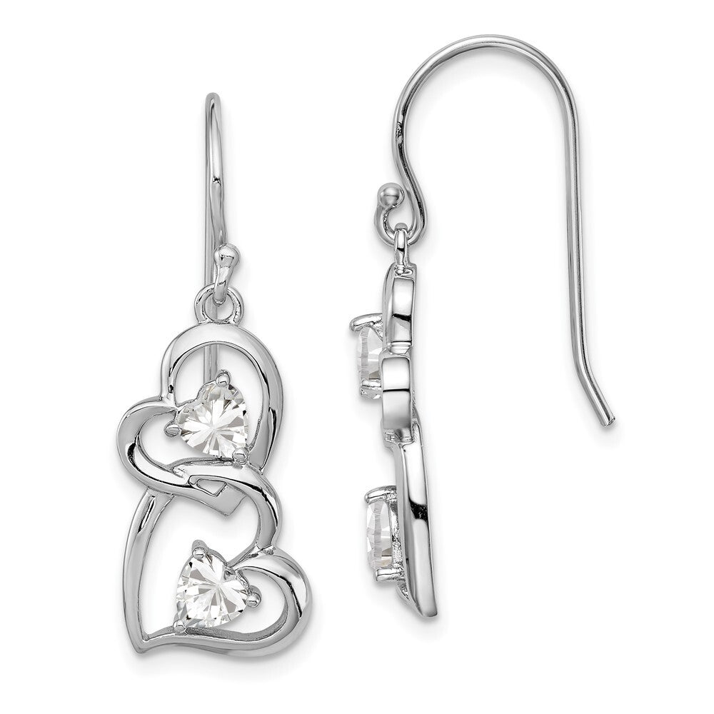 Sterling Silver RH-plated Cubic Zirconia Heart Dangle Shepherd Hook Earrings