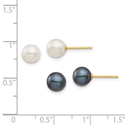 14k Yellow Gold 6-7mm Black & Cultured Pearl 2 Pair Stud Earrings Set for Women