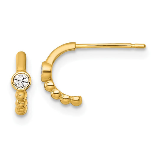 14k Yellow Gold Polished and Beaded Cubic Zirconia C-Hoop Earrings