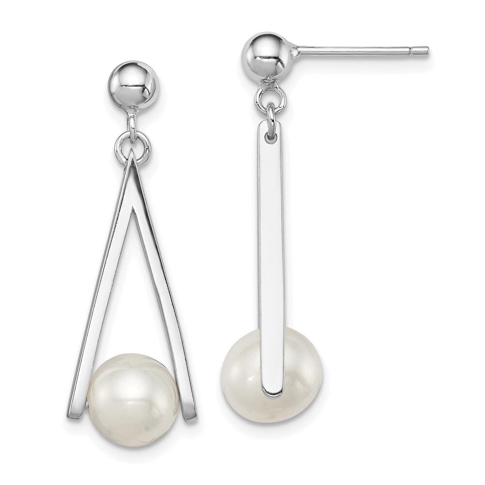 Sterling Silver 8-9mm Semi-Round Cultured Pearl Triangle Post Dangle Earrings