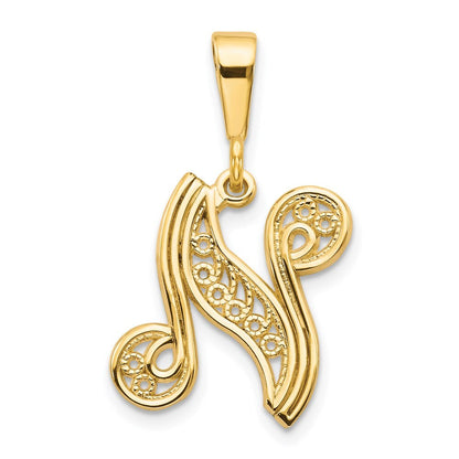 14k Yellow Gold Polished Script Filigree Letter N Initial Pendant for Women