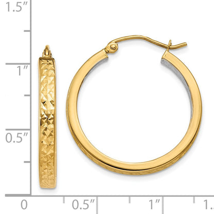 14k Yellow Gold White Rhodium Light Square Diamond Cut Hoop Earrings