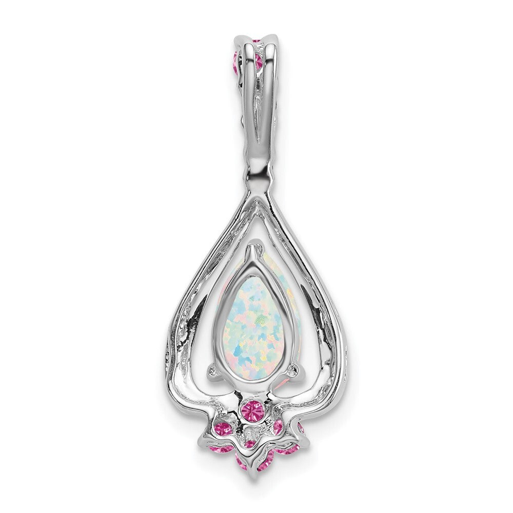 14k White Gold Pear Created Opal/Created Pink Sapphire Pendant for Women
