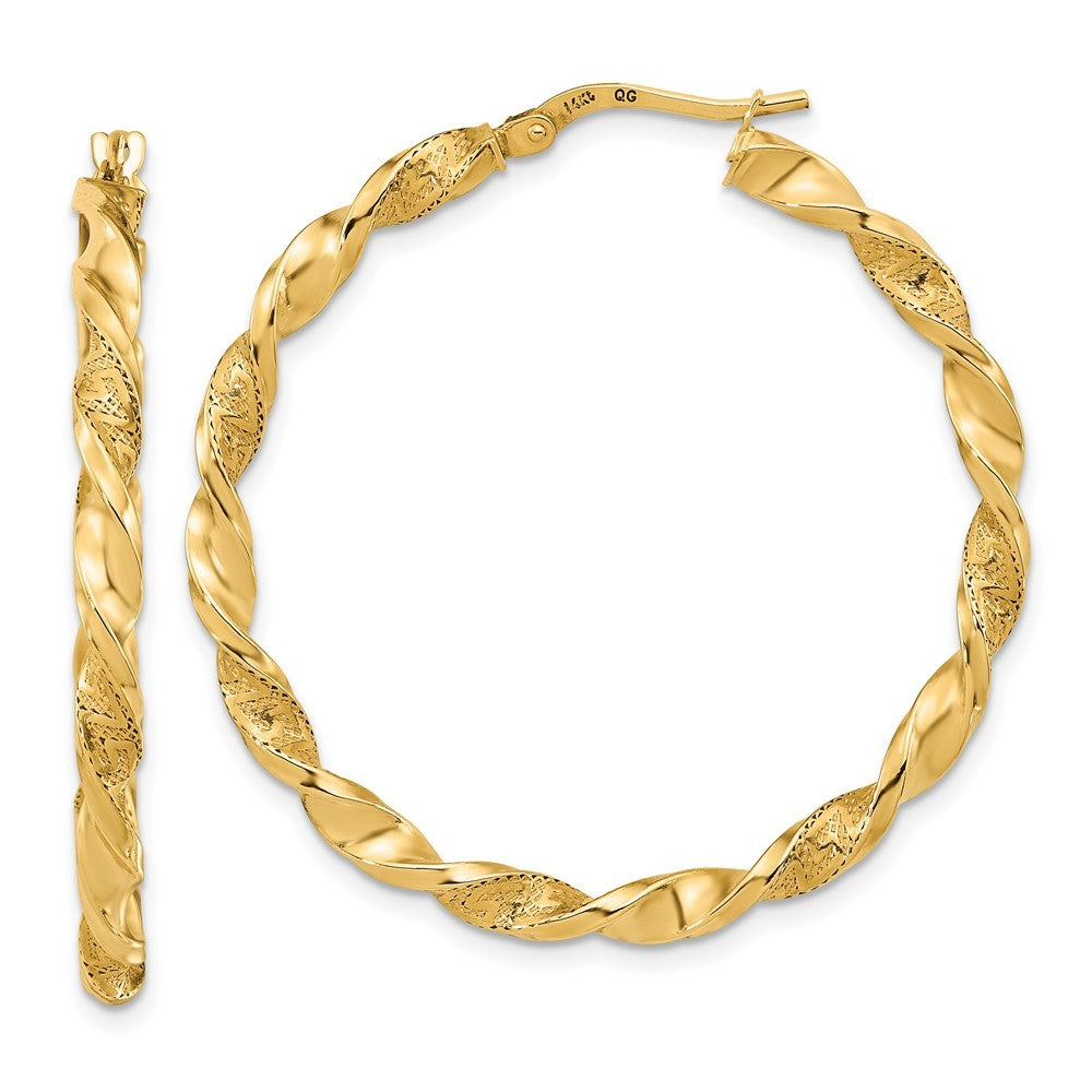 14k Yellow Gold Polished and Textured Twisted Hoop Earrings