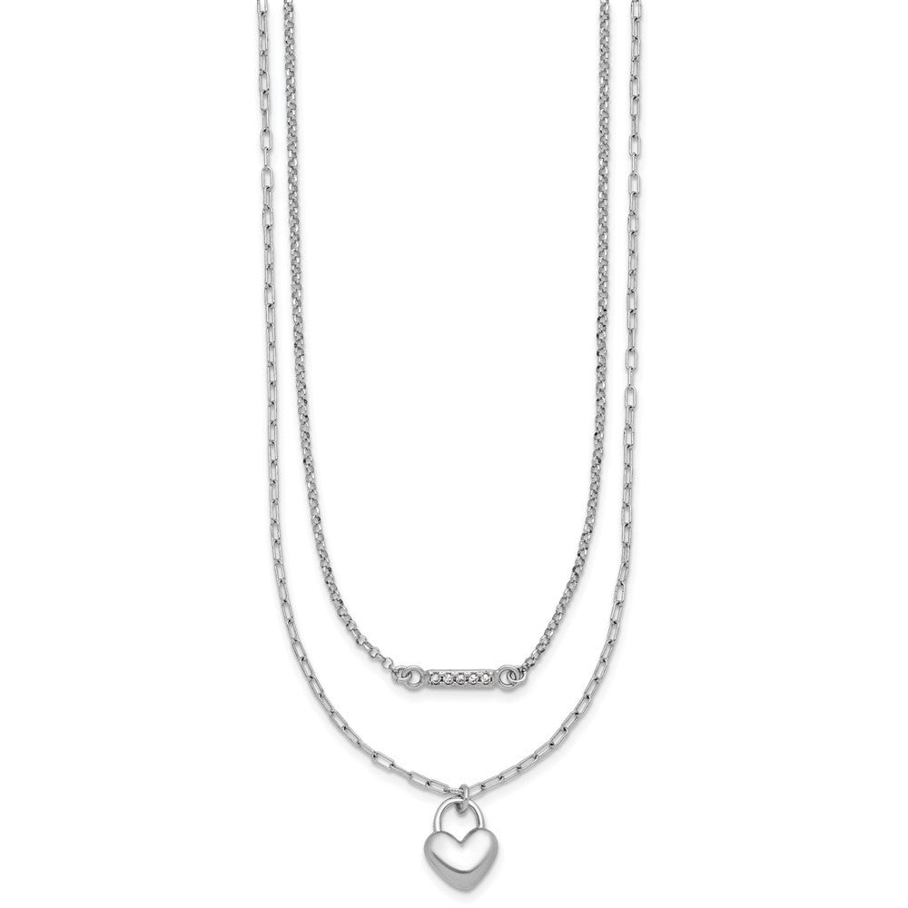 Sterling Silver Rhodium-plated CZ Puffed Heart 2-strand Necklace 16" with 2" ext