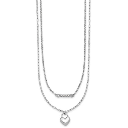 Sterling Silver Rhodium-plated CZ Puffed Heart 2-strand Necklace 16" with 2" ext