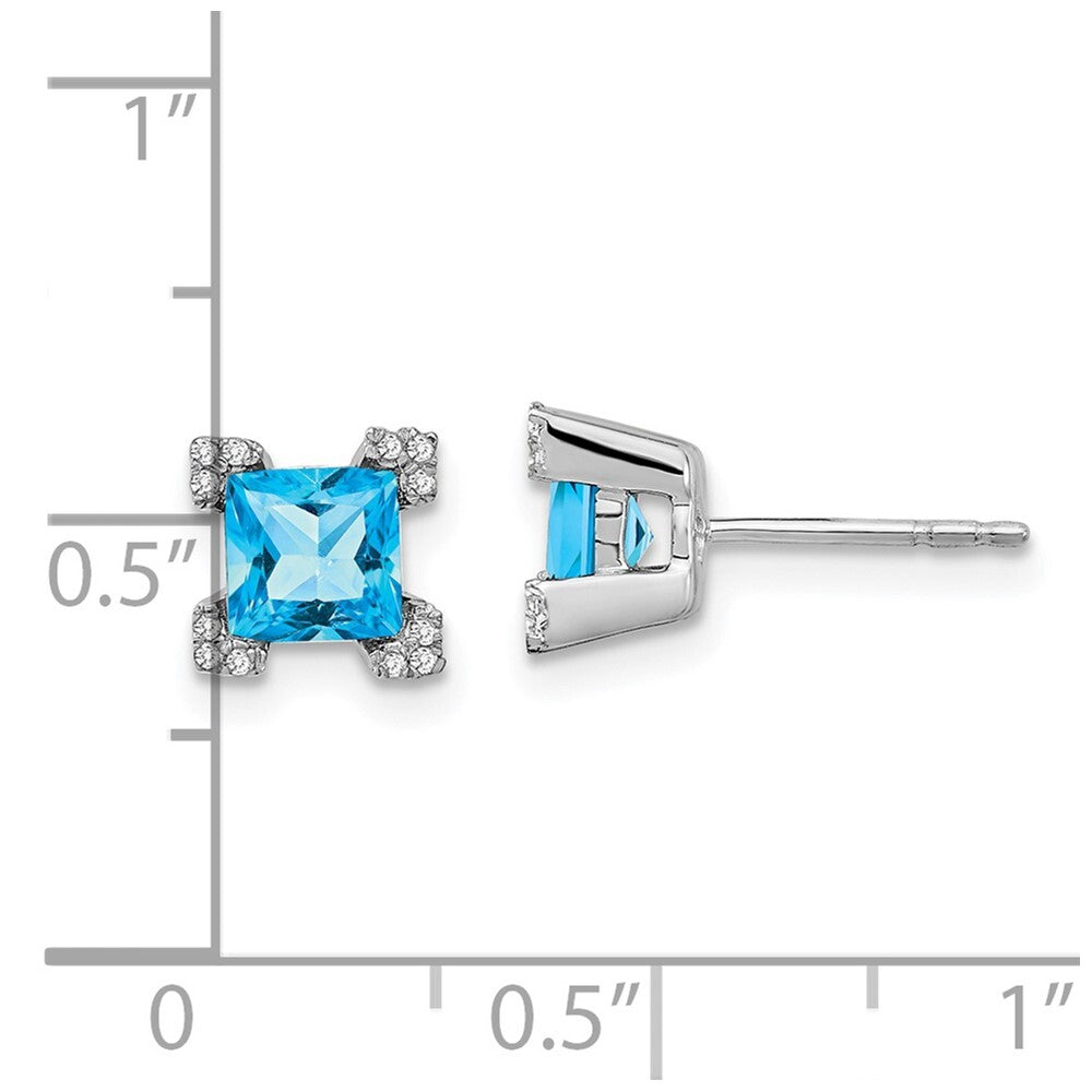 14k White Gold Square Blue Topaz and Diamond Stud Earrings