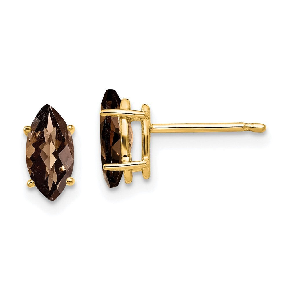 14k Yellow Gold 8x4 Marquise Checker-Cut Smoky Quartz Earrings Gift for Women